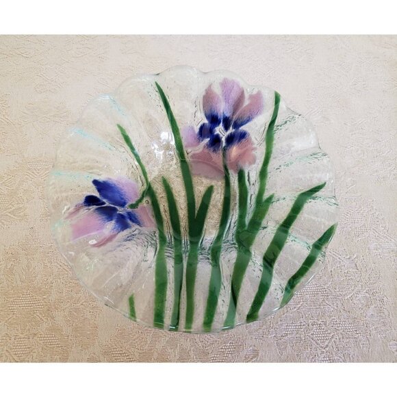Vintage Fused Glass Floral Dinner Plate Berry Bowl Handcrafted Iris Flower Set - Picture 4 of 8